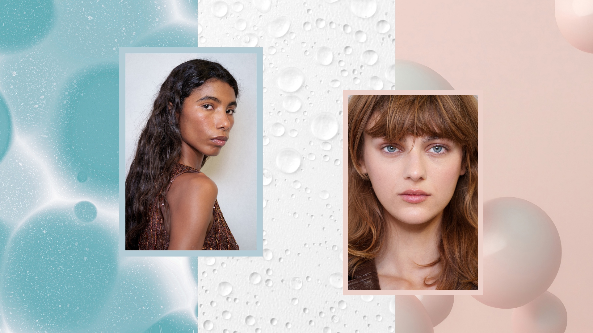 blue white and pink molecules with two women with good skin 