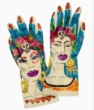 colourful, art-covered washing up gloves