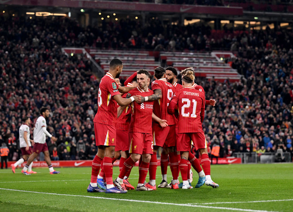 Diogo Jota of Liverpool celebrating after scoring the second goal during the Carabao Cup Third Round match between Liverpool and West Ham United at Anfield on September 25, 2024 in Liverpool, England.