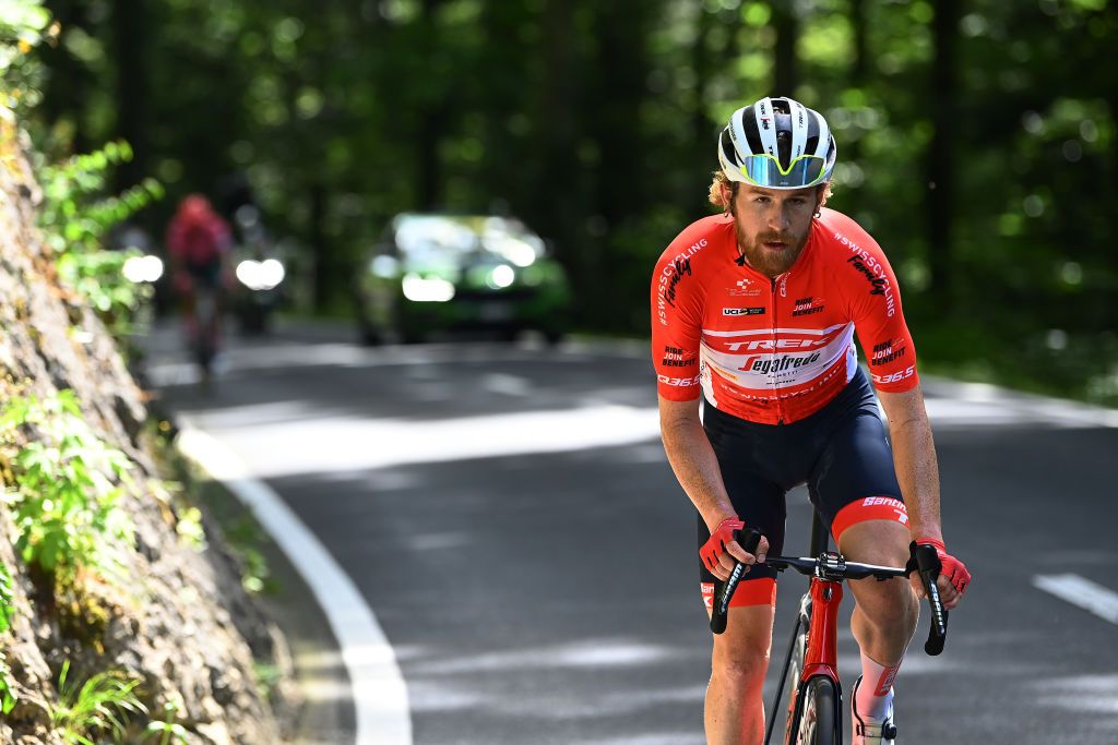 GRENCHEN SWITZERLAND JUNE 14 Quinn Simmons of United States and Team Trek Segafredo Red Mountain Jersey competes in the breakaway during the 85th Tour de Suisse 2022 Stage 3 a 1769km stage from Aesch to Grenchen ourdesuisse2022 WorldTour on June 14 2022 in Grenchen Switzerland Photo by Tim de WaeleGetty Images