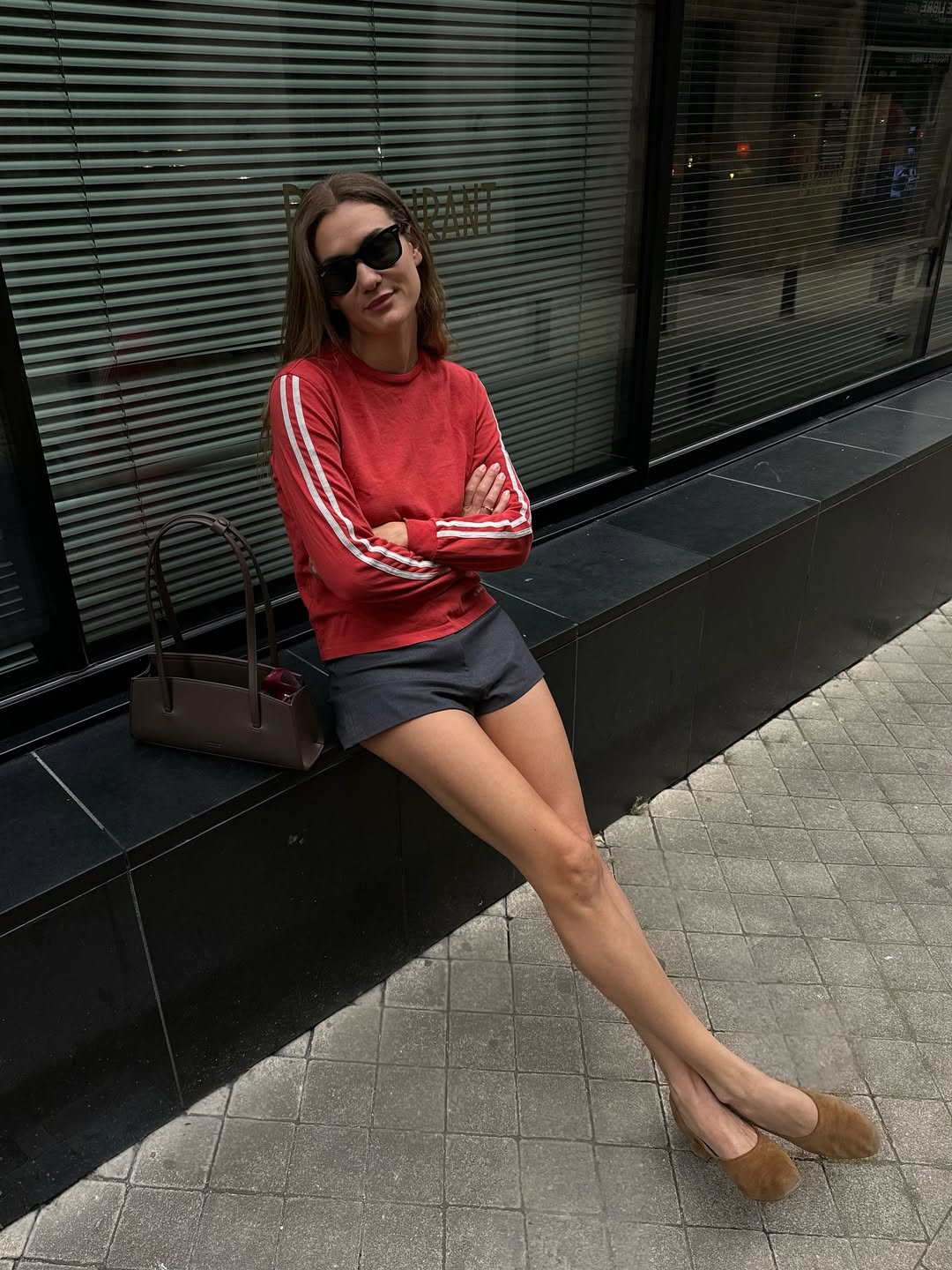 Tomato red and grey outfit