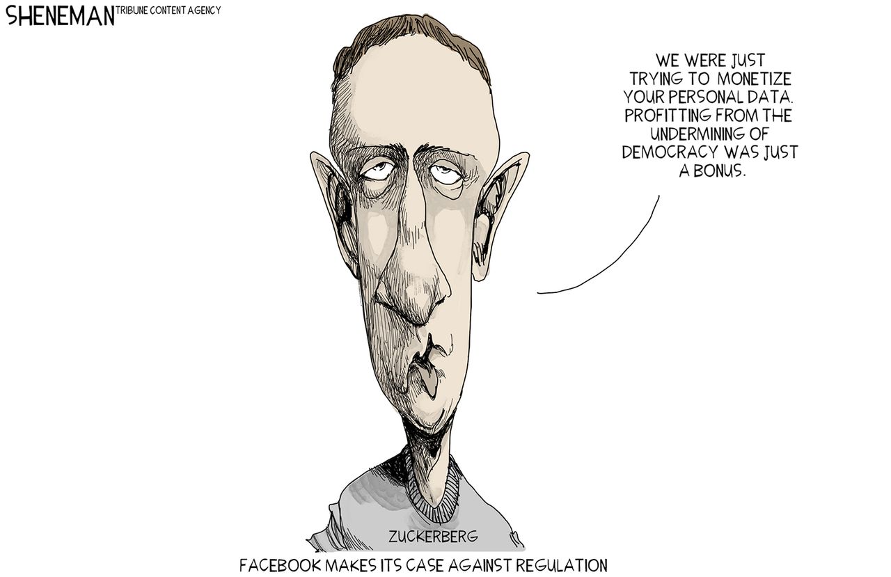 Editorial cartoon U.S. Mark Zuckerberg Facebook monetize personal data undermining democracy