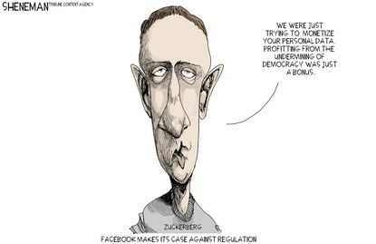 Editorial cartoon U.S. Mark Zuckerberg Facebook monetize personal data undermining democracy