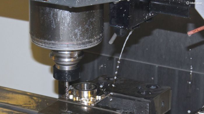 In order to ensure a perfect chain line with the Shimano road crank being used, the R&amp;D Lab created a selection of custom sprockets from a single block of alloy