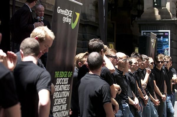 Riders listen in on Stuart O'Grady's words at the Melbourne Town Hall.