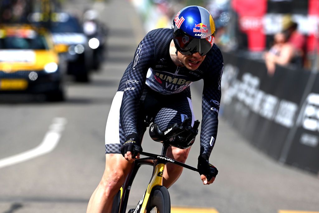 ABTWILL SWITZERLAND JUNE 18 Wout Van Aert of Belgium and Team JumboVisma Black Points Jersey crosses the finish line during the 86th Tour de Suisse 2023 Stage 8 a 257km individual time trial from St Gallen to Abtwil UCIWT on June 18 2023 in Abtwil Switzerland Photo by Tim de WaeleGetty Images