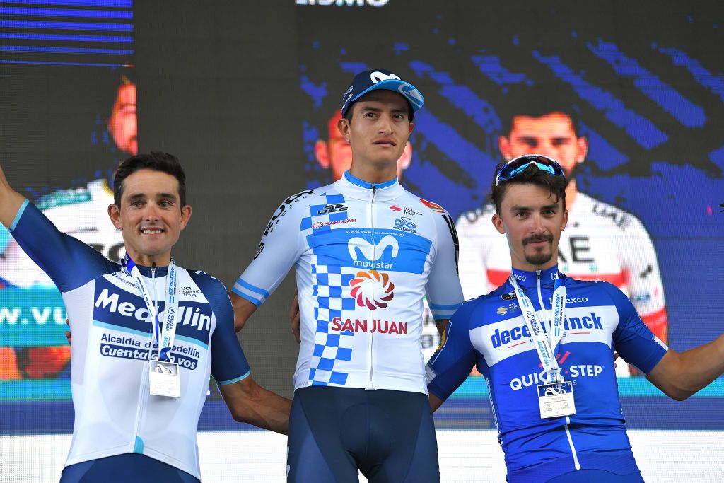 The GC podium (L-R) Oscar Sevilla, Winner Anacona and Julian Alaphilippe
