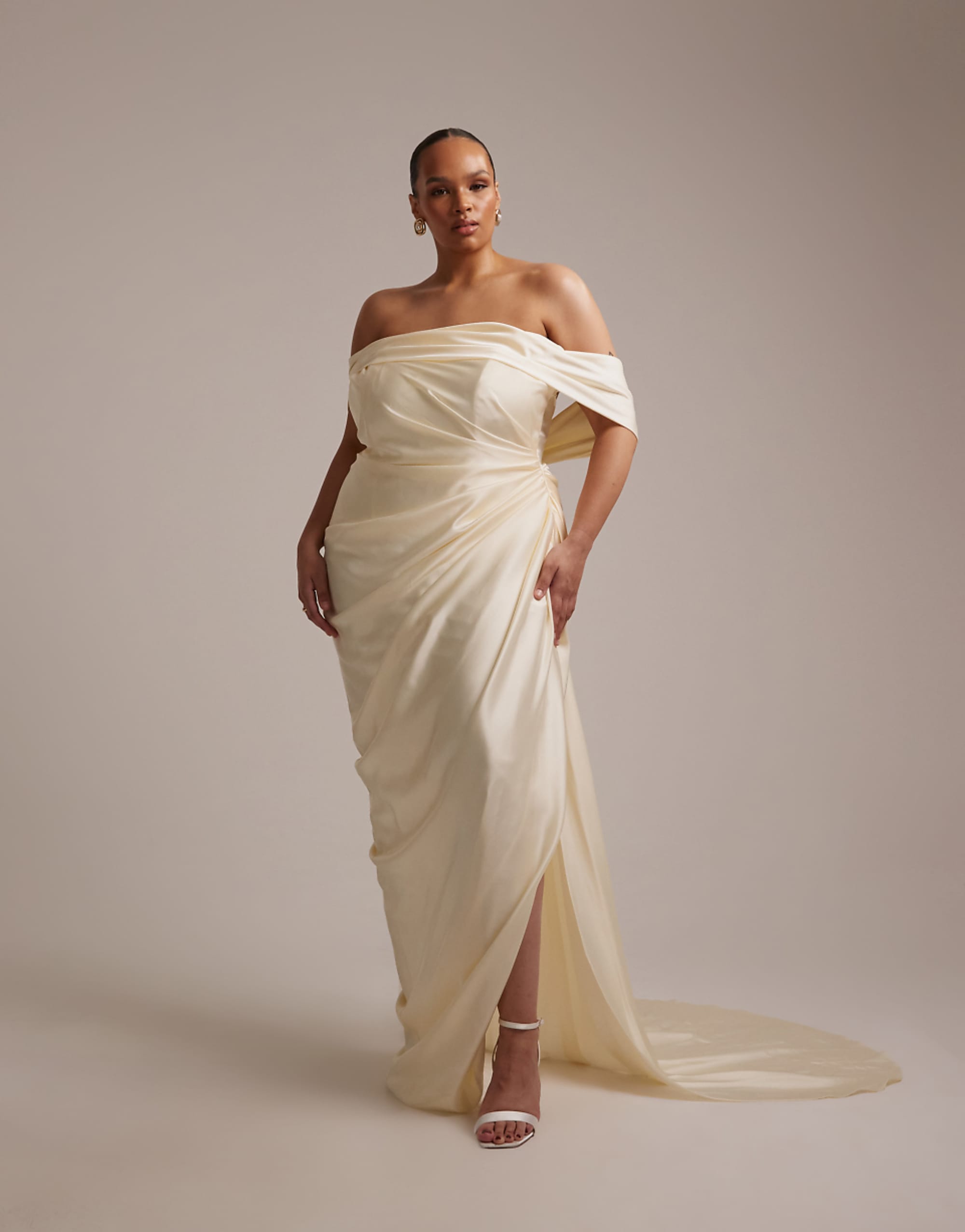 Asos Design Curve Draped Bardot Tie Back Maxi Wedding Dress in Ivory