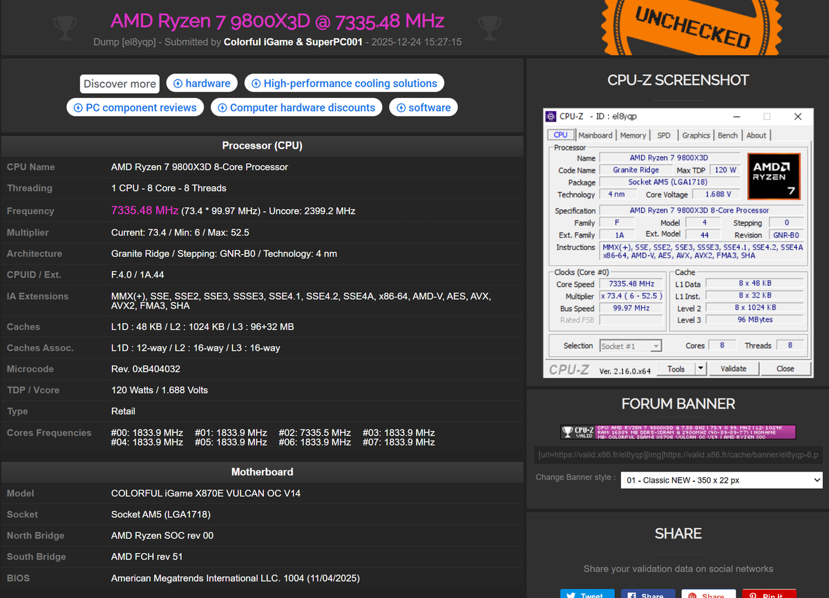 Chinese enthusiast overclocks AMD's Ryzen 7 9800X3D to 7.33GHz on