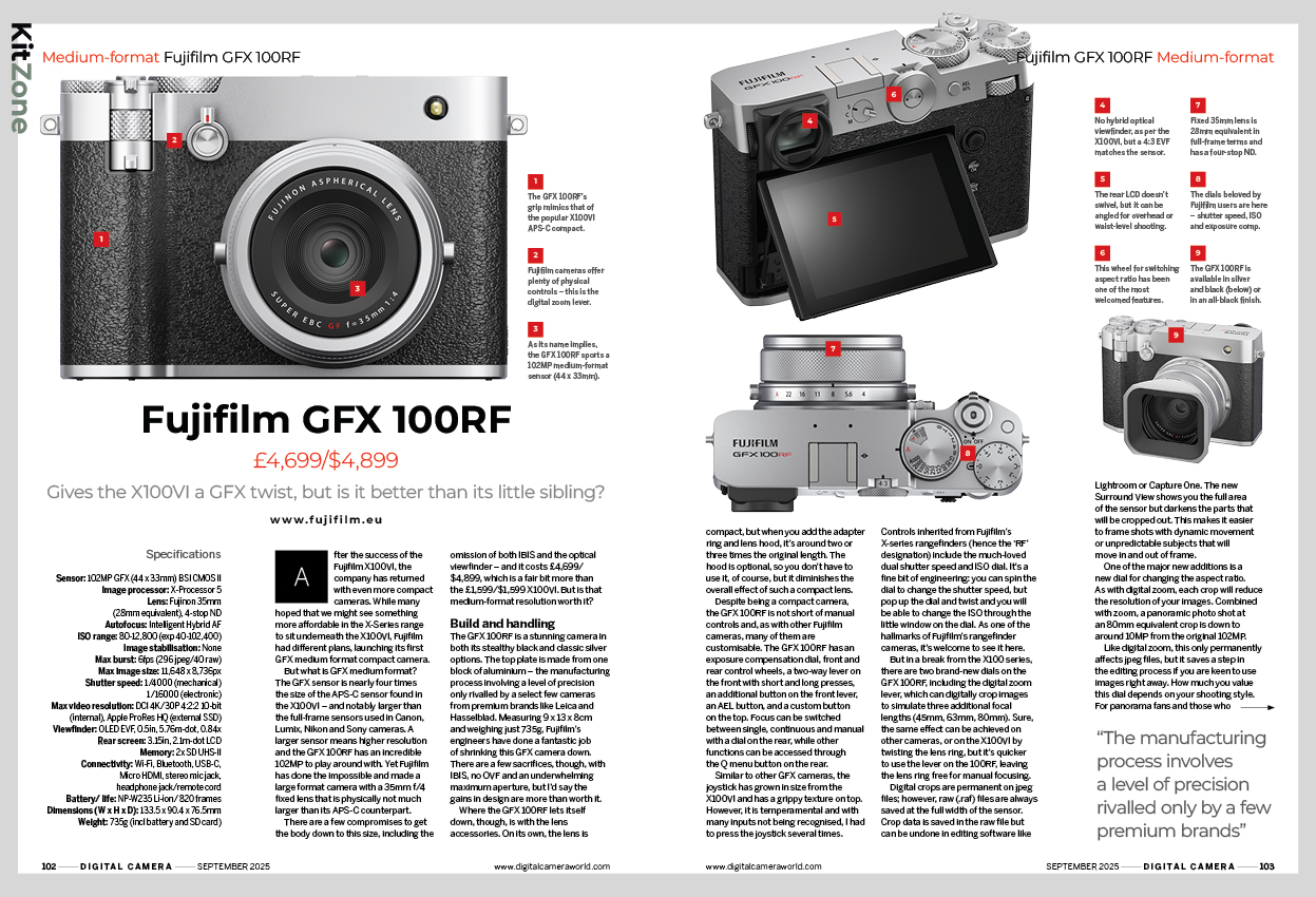 Image showing the first two pages of the Fujifilm GFX 100RF camera review, in issue 298 (September 2025) of Digital Camera magazine