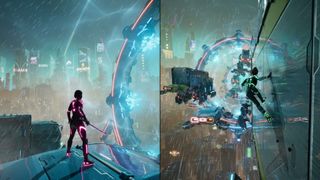 Split Fiction splitscreen screenshot of Mio and Zoe in a sci-fi world wall running with illuminated bodysuits on