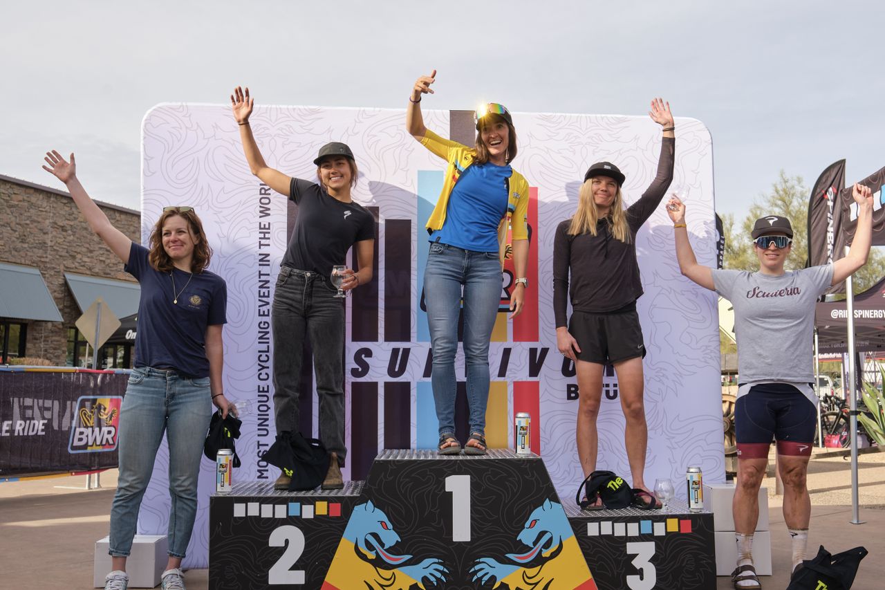 Elite women's podium at 2023 BWR Arizona, Sofia Gomez Villafane (centre) the winner