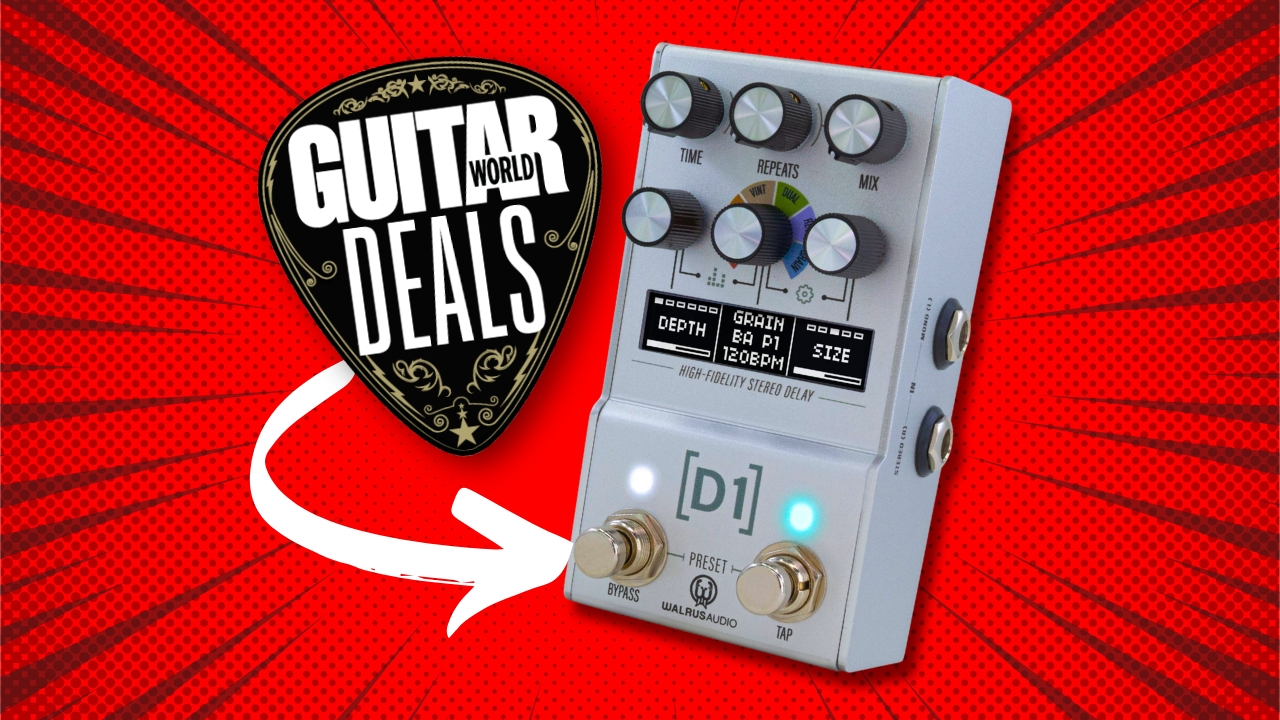 A Walrus Audio Mako Series D1 delay pedal on a red background