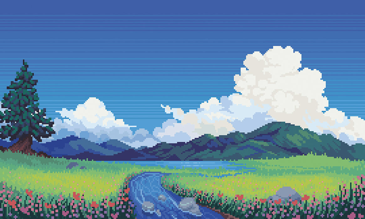 Pixel art: river leading to a range of mountains