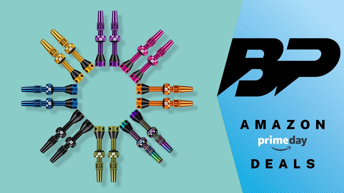 An arrangement of different colored tubeless valves with Bike Perfect and Amazon Prime Day logos