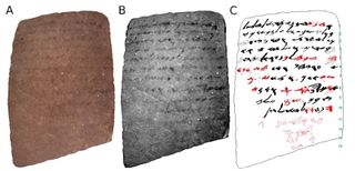 The front side of the shard, which begins with a blessing. The first (A) shows a color image, (B) shows the multispectral image and (C) shows a drawing of the text. The red letters are additions made by the researchers.