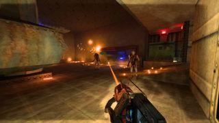 Firing the tau cannon in ray traced Half-Life 1, zombies illuminated by its glare.