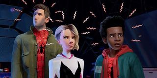 Peter Parker, Gwen Stacy and Miles Morales in Spider-Man: Into the Spider-Verse
