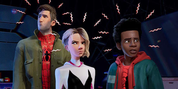 Peter Parker, Gwen Stacy and Miles Morales in Spider-Man: Into the Spider-Verse