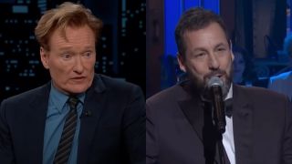 From left to right: Conan O'Brien looking a bit concerned on Jimmy Kimmel Live and Adam Sandler singing into a mic at SNL 50.