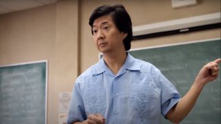 Ken Jeong's Ben Chang pointing at classroom door in Community