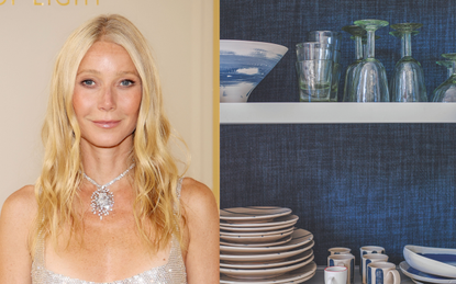 A split image with a headshot of Gwyneth Paltrow and a photograph of blue and white dinner plates on a shelf