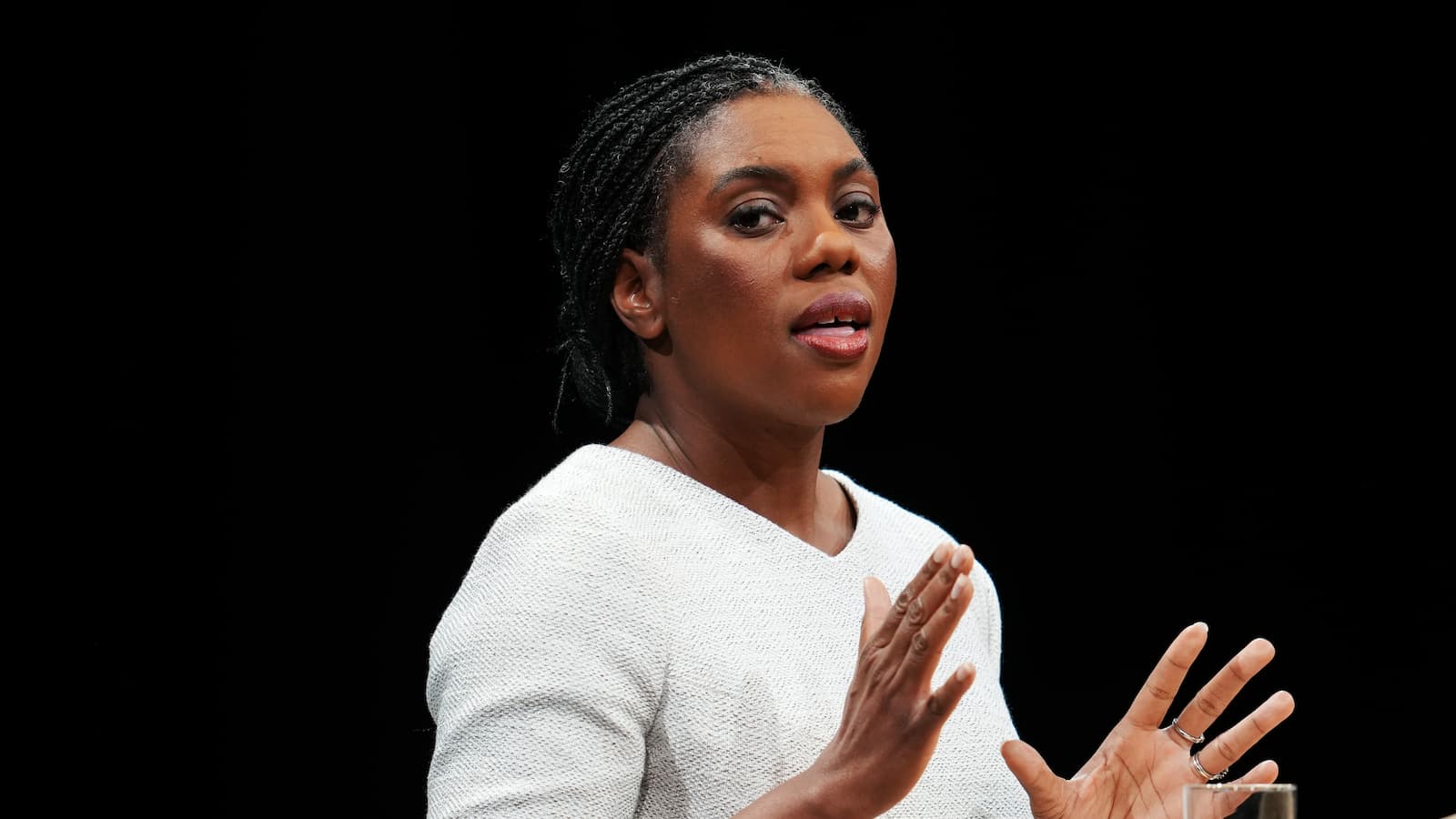 Conservative Party leader Kemi Badenoch delivers her speech on the final day of the Conservative Party conference at Manchester Central Convention Complex on October 08, 2025 in Manchester