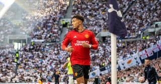 Jadon Sancho of Manchester United in action during the Premier League match between Tottenham Hotspur and Manchester United at Tottenham Hotspur Stadium on August 19, 2023 in London, United Kingdom.