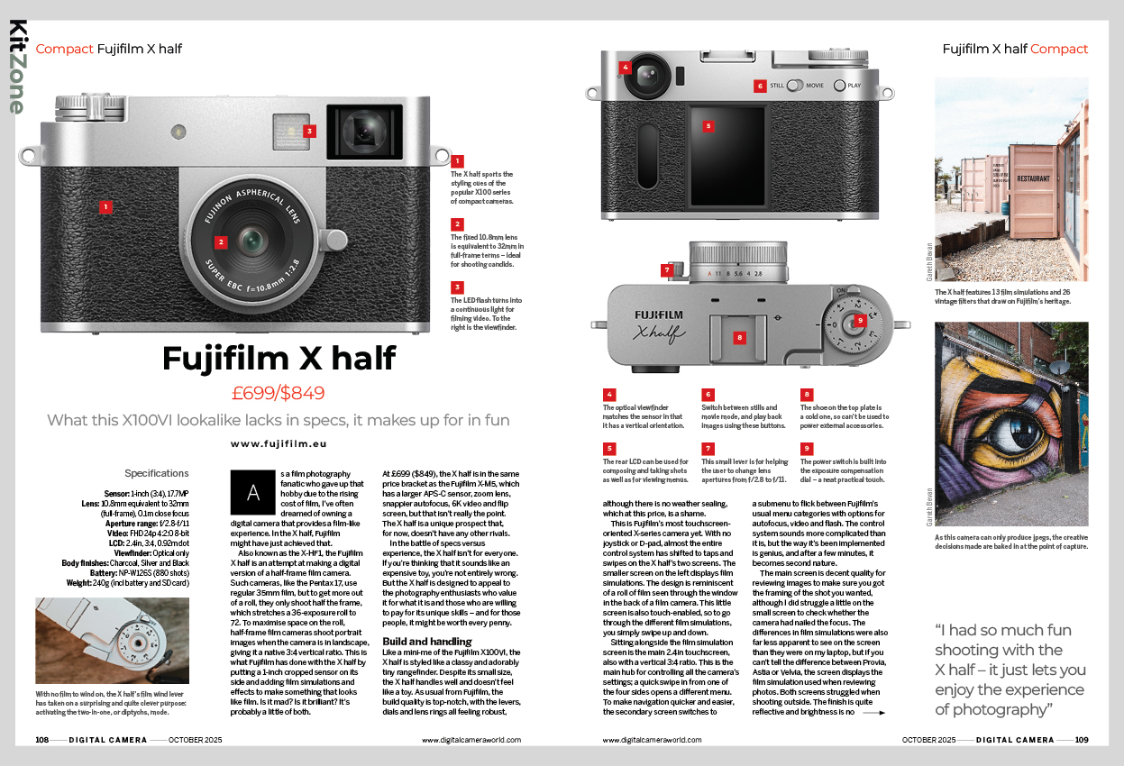 Image showing the first two pages of the Fujifilm X half camera review, in issue 299 (October 2025) of Digital Camera magazine