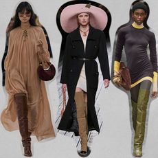 a runway collage showing the best thigh-high boots for fall