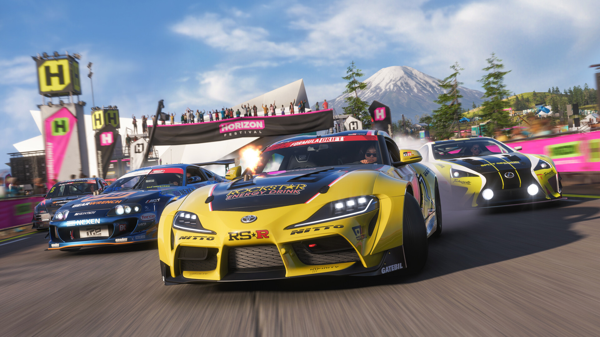 A Forza Horizon 6 screenshot showing a selection of cars outside the game's fictional festival grounds.