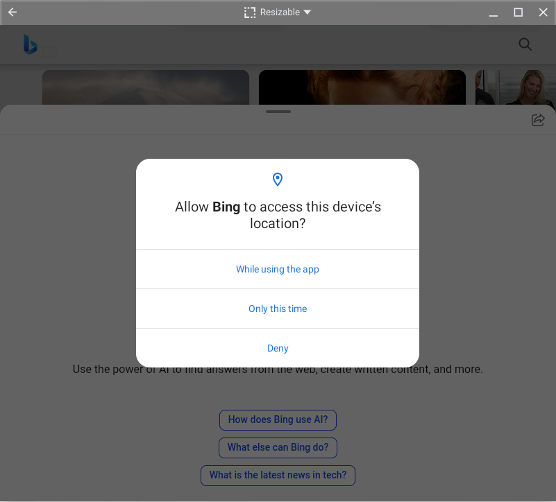 إعدادات الموقع لتطبيق Bing على Chromebook