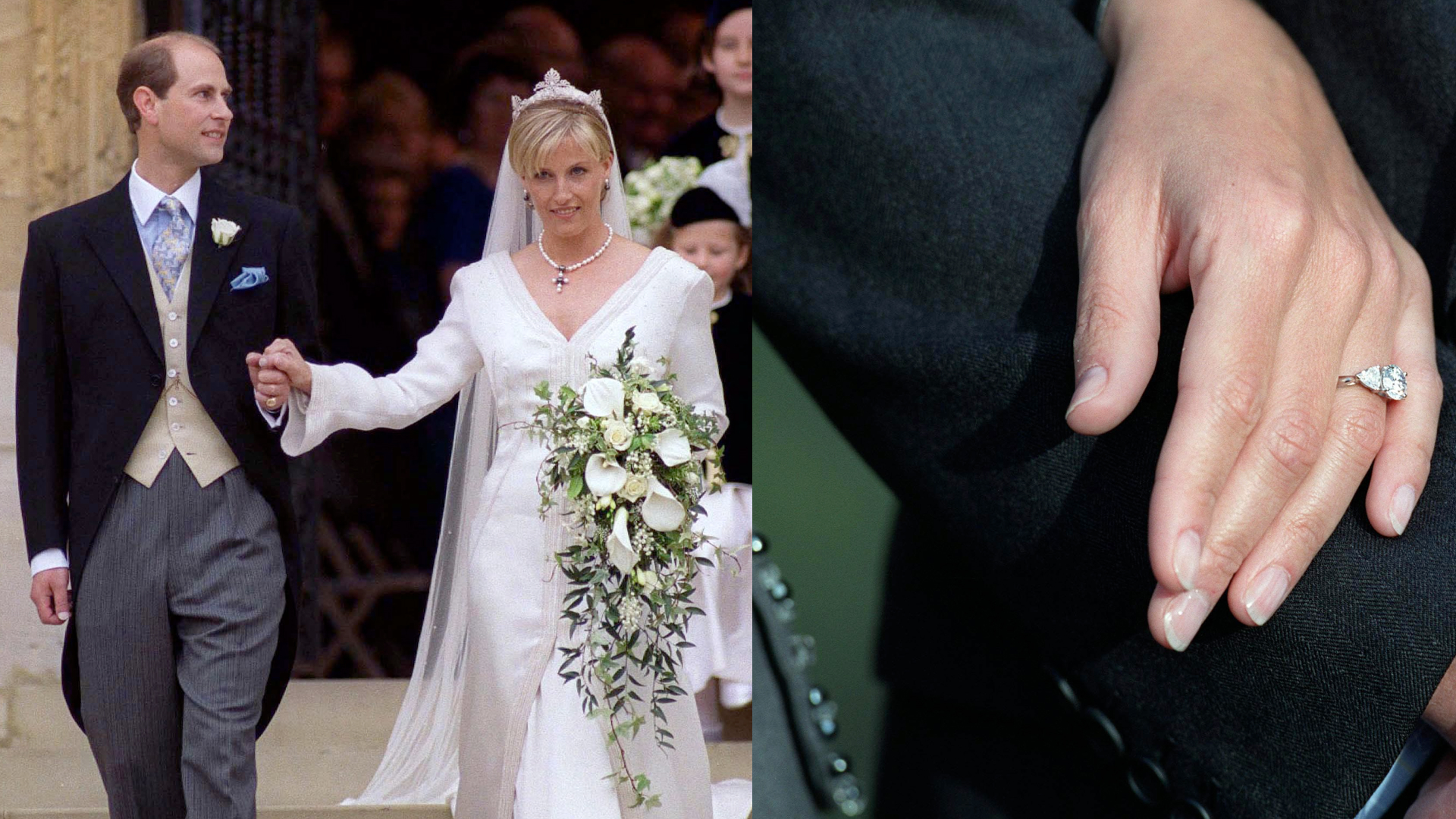 Duchess Sophie and Prince Edward on their wedding day; a closeup of Duchess Sophie's engagement ring