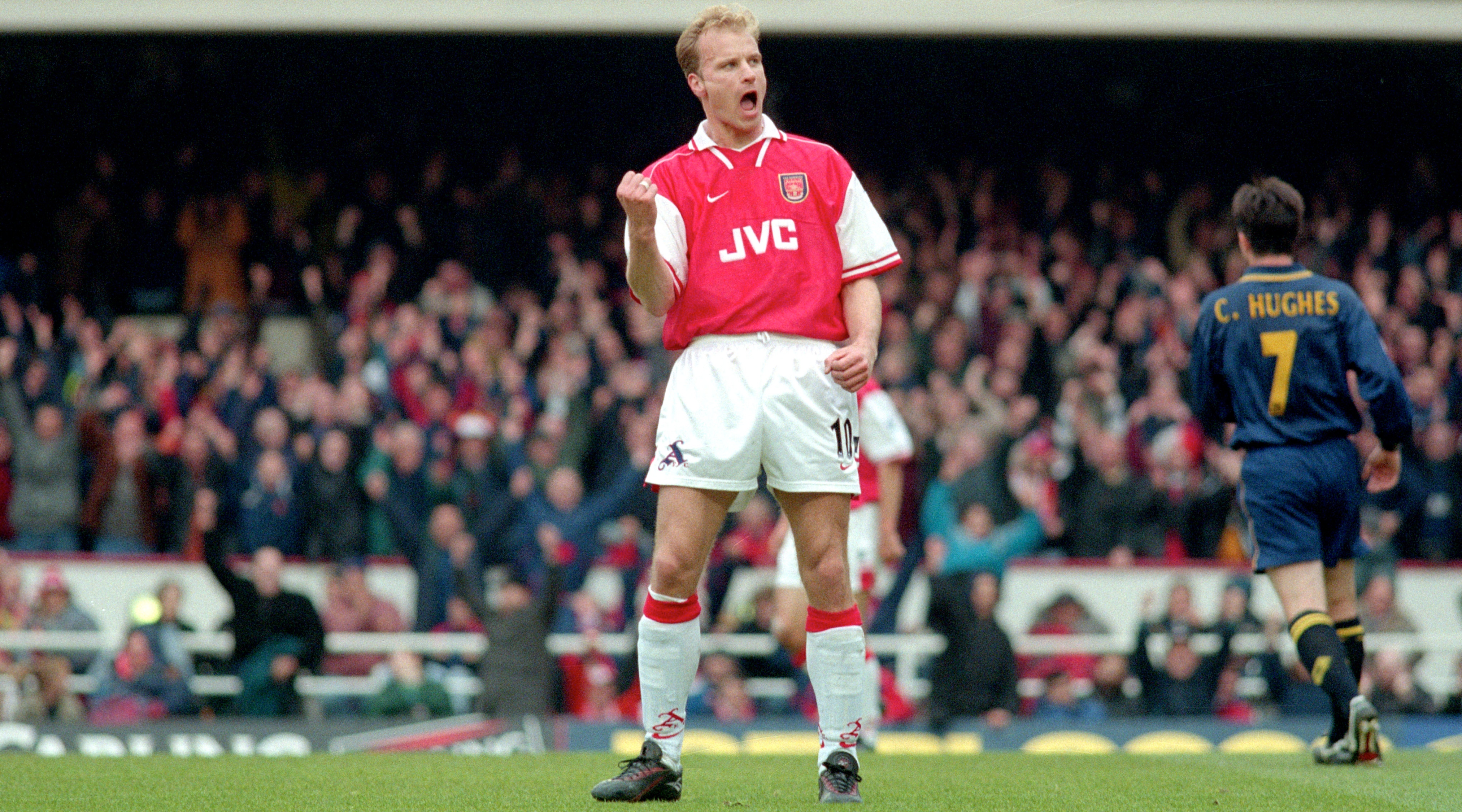 18 April 1998, London - FA Carling Premiership - Arsenal v Wimbledon - Dennis Bergkamp celebrates after scoring the third goal for Arsenal at Highbury. (Photo by Mark Leech/Offside via Getty Images)