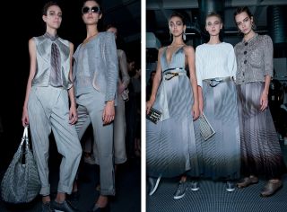Armani does much better - and more contemporary - clothes when he cuts denser fabrics like the super chic white pants he paired with white trainers and a structured boxy white top that was broken into embroidery-like shards.