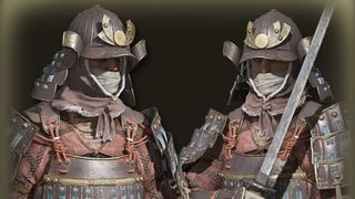 The Samurai wears a large battle helmet and armour