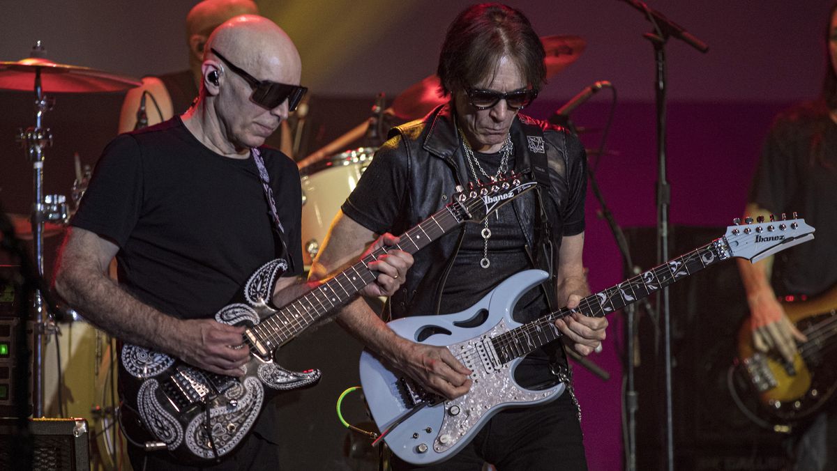 Joe Satriani (left) and Steve Vai perform onstage at The Magnolia in El Cajon, California on February 7, 2024