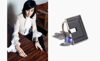 Alexandra Jefford, Right, Lunchbox Blue ring in carved onyx, 18-ct gold and a natural blue Ceylon sapphire