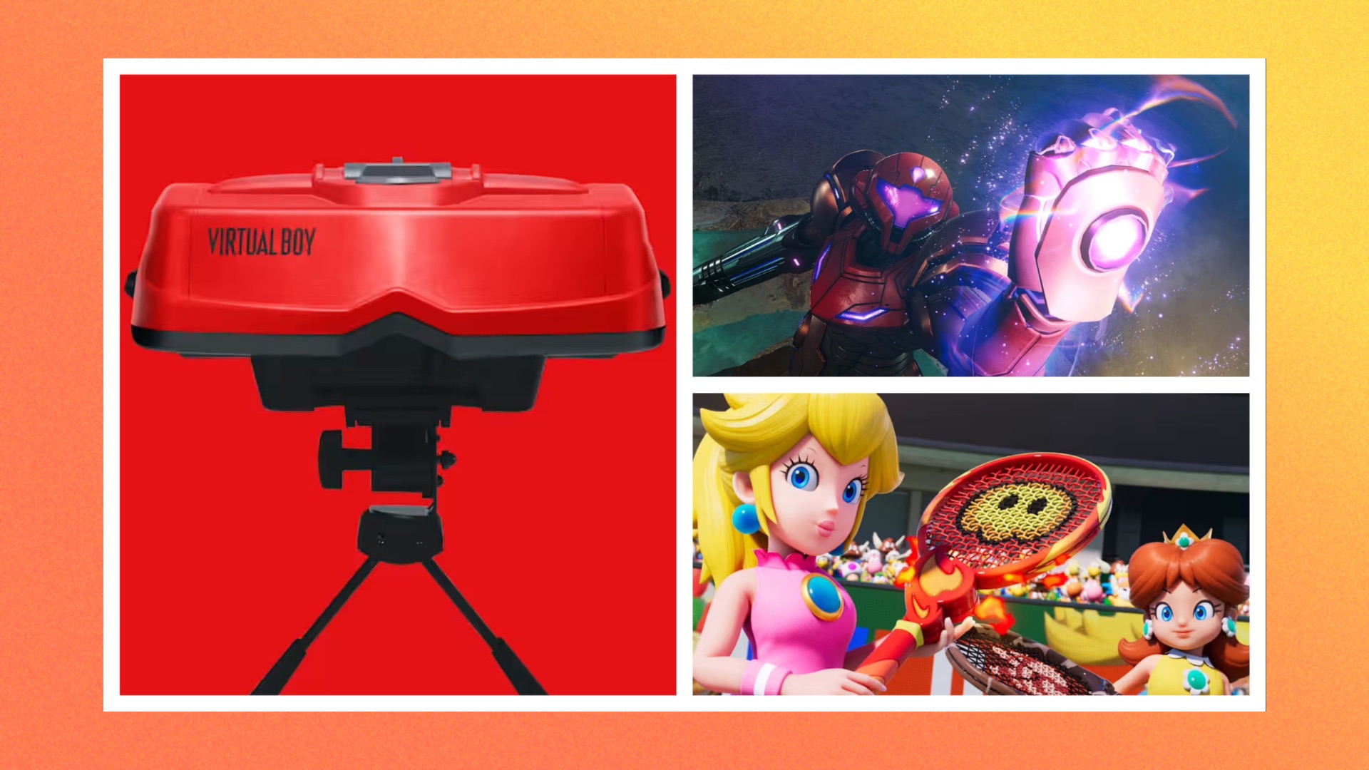 Three images sliced together, one of the Virtual Boy, an image of Metroid Prime 4 and of Mario Tennis Fever showing Daisy and Peach holding tennis rackets 