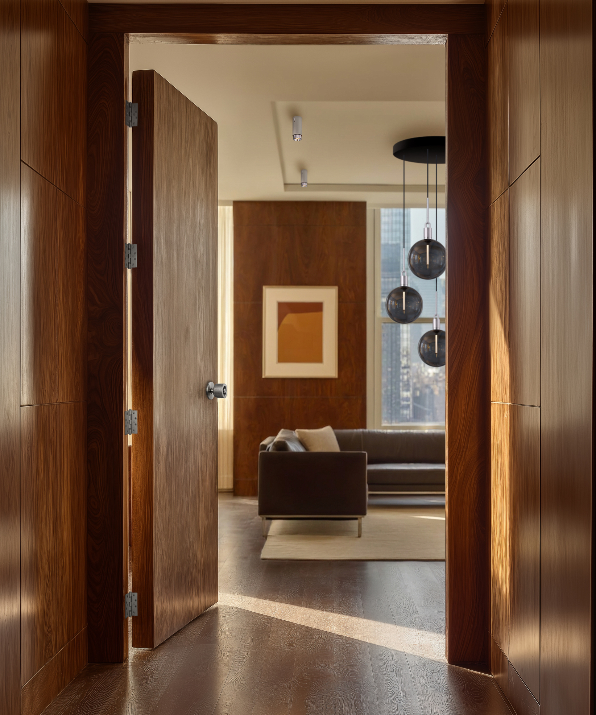 wooden door leading into living room from wood panelled hallway with wooden flooring throughout