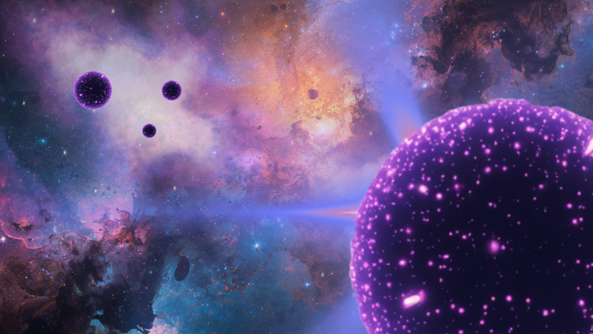 Lots of colors in the sky and two dark purple orbs in front of it.