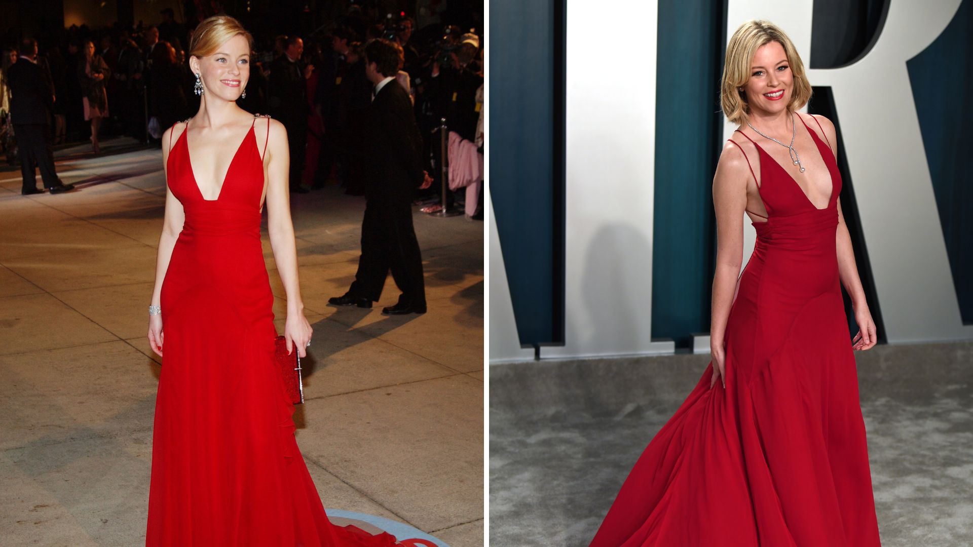 L-Elizabeth Banks in 2004, R-Elizabeth Banks in 2020. She wears the same red dress in both
