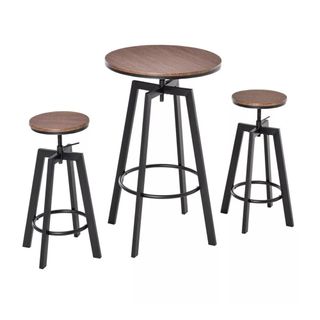 Small space dining set in industrial style with tall round dining table and bar stools