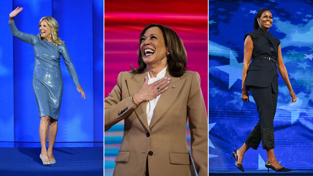 Jill Bien in a blue dress, kamala harris in a tan khaki suit by chloe, and michelle obama in a navy suit at the 2024 democratic national convention (DNC)