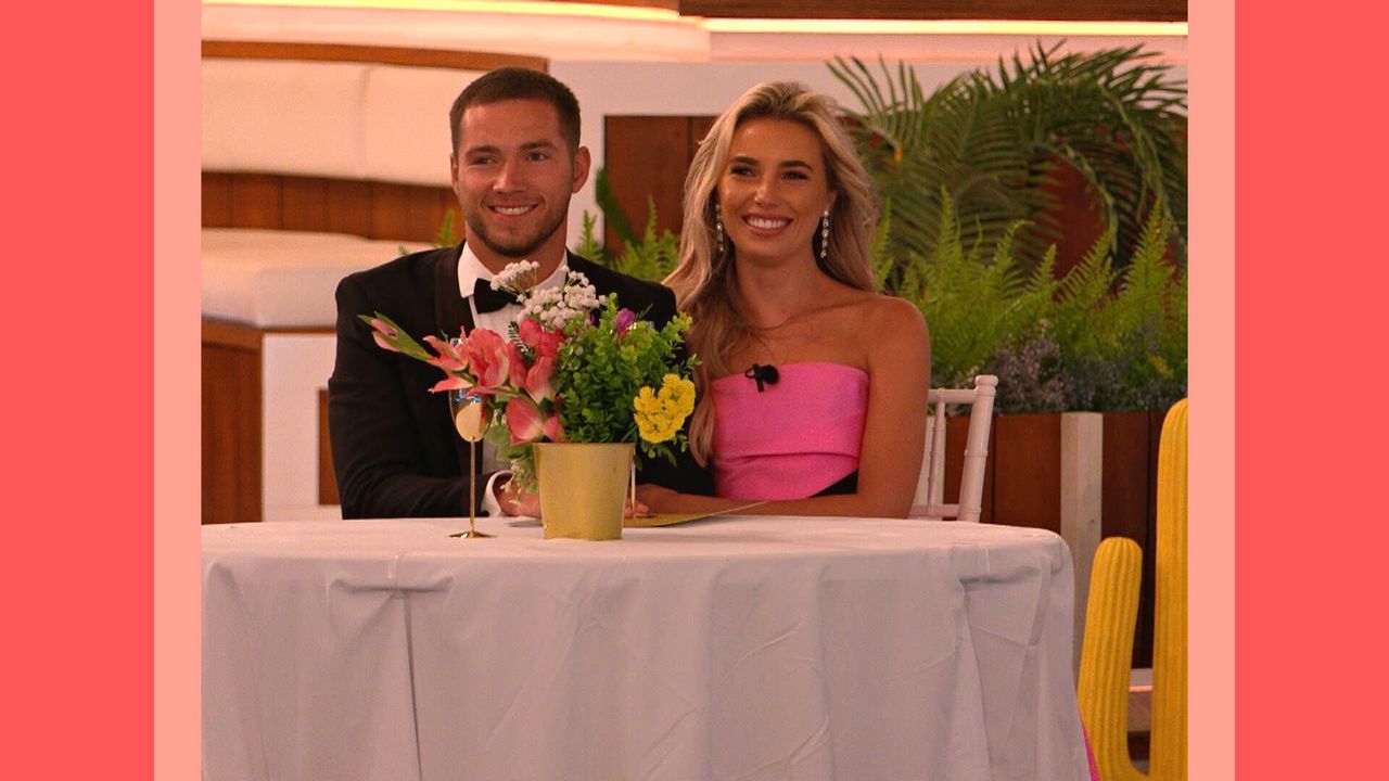 Ron Hall and Lana Jenkins on Love Island&#039;s 2023 winter series during one of the final episodes, with a pink border around the image