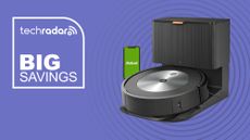 A iRobot Roomba j7 plus pictured against a purple background with white writing to the left saying big savings.