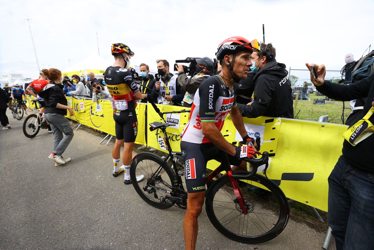 Philippe Gilbert talks to the press before the opening stage of the Tour de France 2021