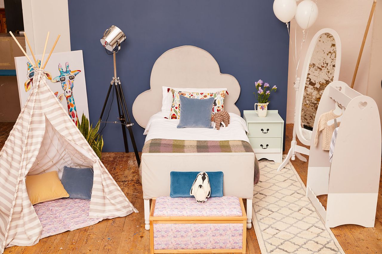 children&#039;s bedroom with cloud bed and teepee