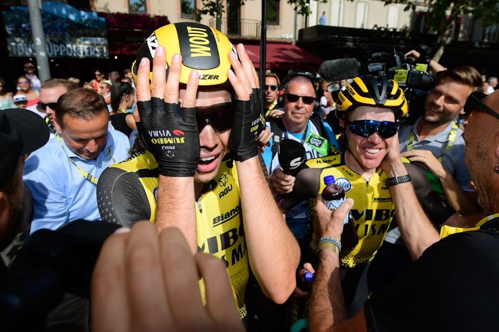Wout van Aert celebrates winning stage 10 at the Tour de France