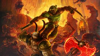 Doom Slayer sautant par-dessus une bande de démons de l'enfer.